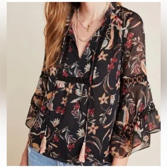 Anthropologie Maeve odetta black floral and bird print bell sleeve shirt - Picture 1 of 15